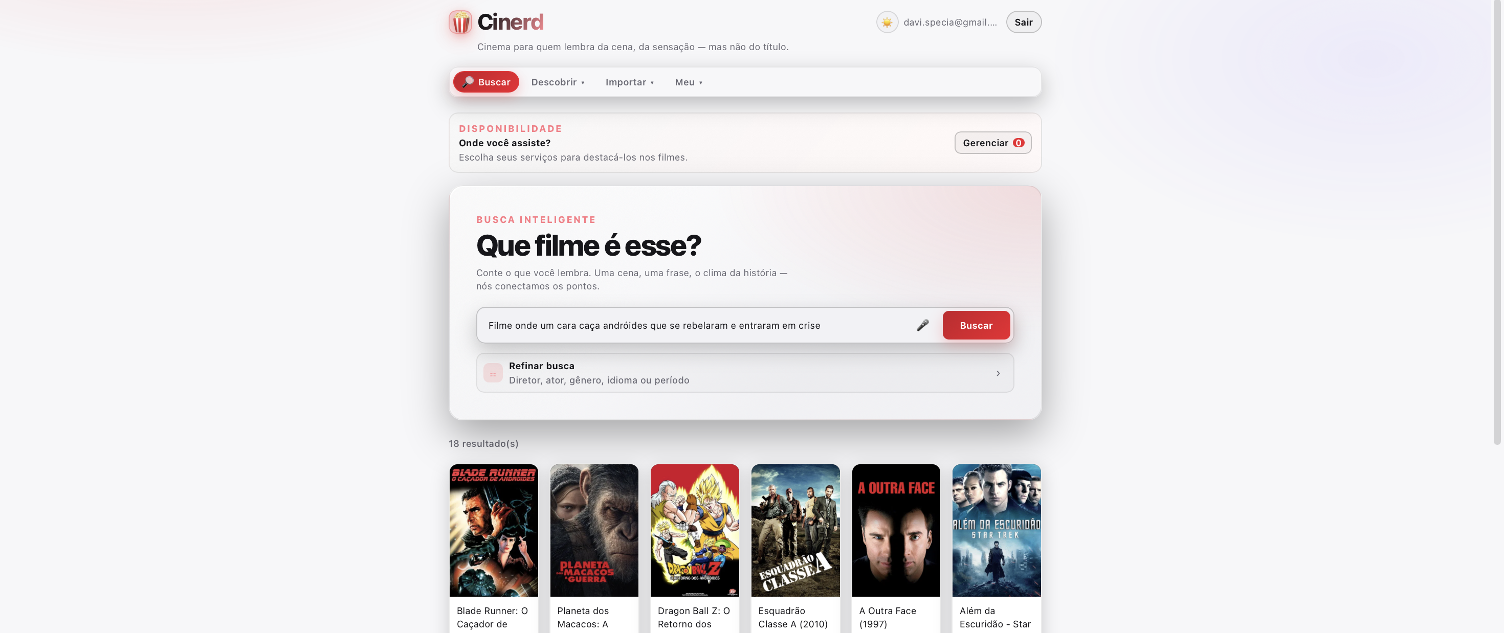 Busca por descrição e resultados no Cinerd.